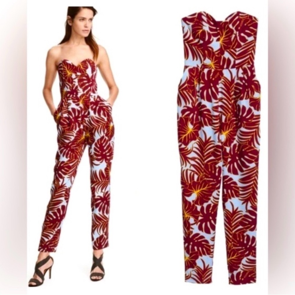 H&M Conscious collection floral leaf print strapless lyocell jumpsuit